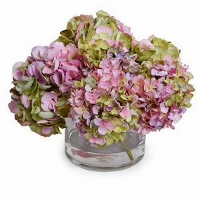 Faux Pink & Green Hydrangea Arrangement in Glass Vase home display ornament