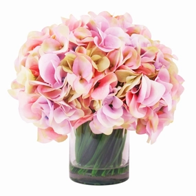 Faux Pink and Yellow Hydrangeas in a Glass Container home display ornament