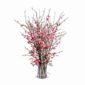 Faux Pink Cherry Blossom Arrangement in Glass Cylinder home display ornament