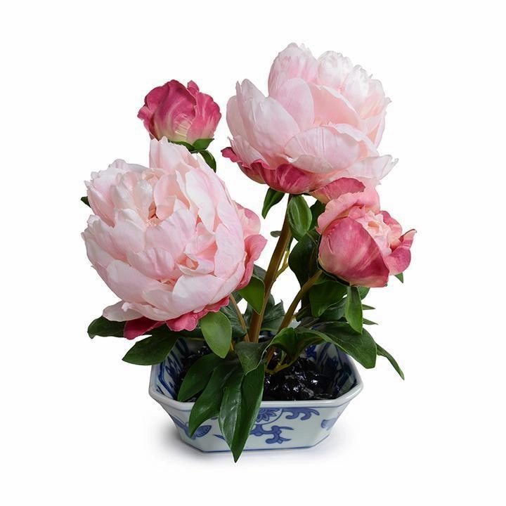Faux Pink Peony Cutting in Blue & White Porcelain Dish