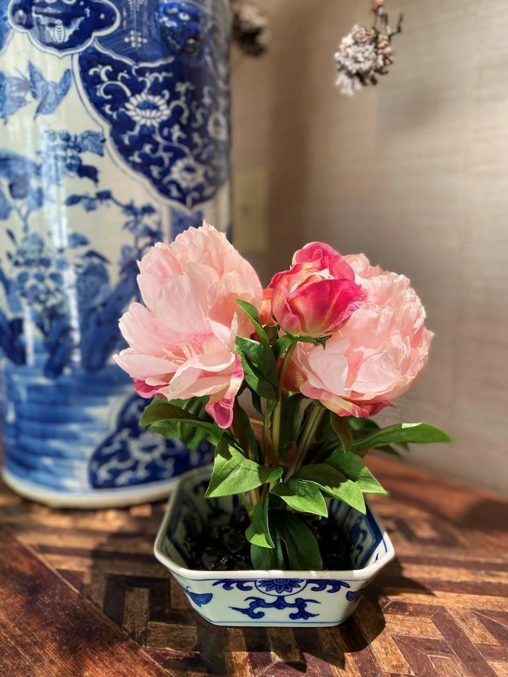 Faux Pink Peony Cutting in Blue & White Porcelain Dish