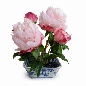 Faux Pink Peony Cutting in Blue & White Porcelain Dish home display ornament