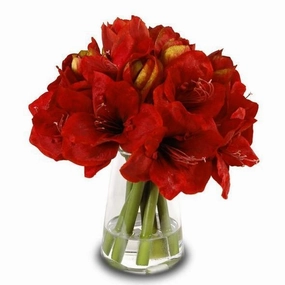 Faux Red Amaryllis Arrangement in Glass Vase home display ornament