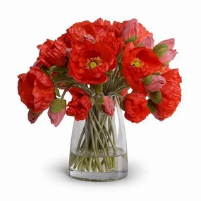 Faux Red Poppy Bouquet in Glass Bucket home display ornament