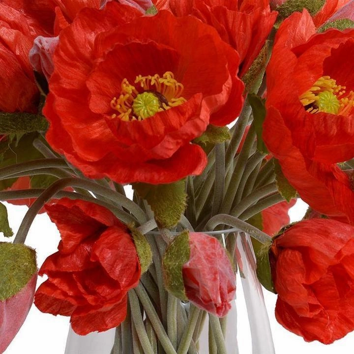 Faux Red Poppy Bouquet in Glass Bucket