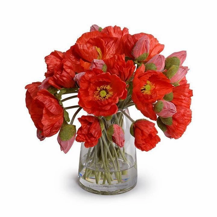 Faux Red Poppy Bouquet in Glass Bucket