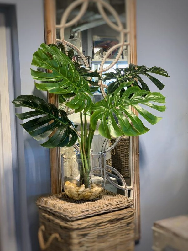 Faux Tropical Palm Leaves in Glass Bowl