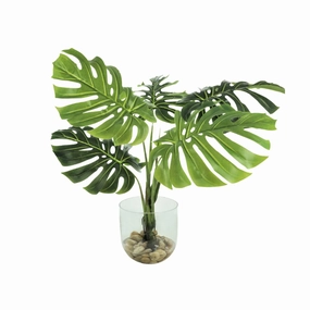 Faux Tropical Palm Leaves in Glass Bowl home display ornament