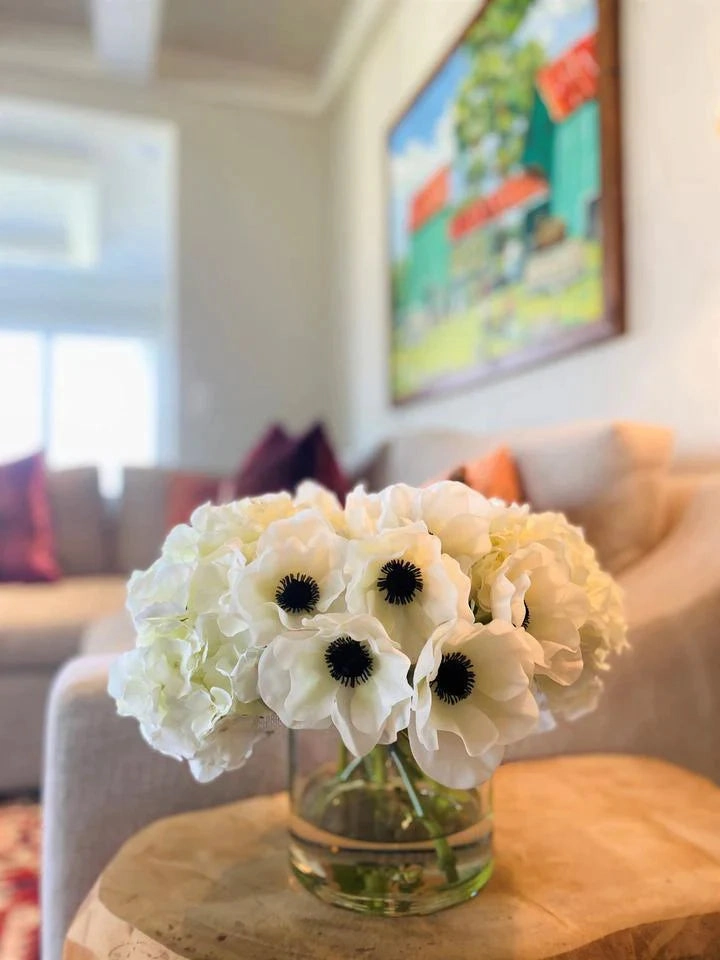 Faux White Anemone Arrangement in Glass Vase