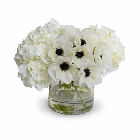 Faux White Anemone Arrangement in Glass Vase home display ornament