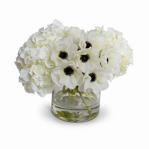 Faux White Anemone Arrangement in Glass Vase home display ornament