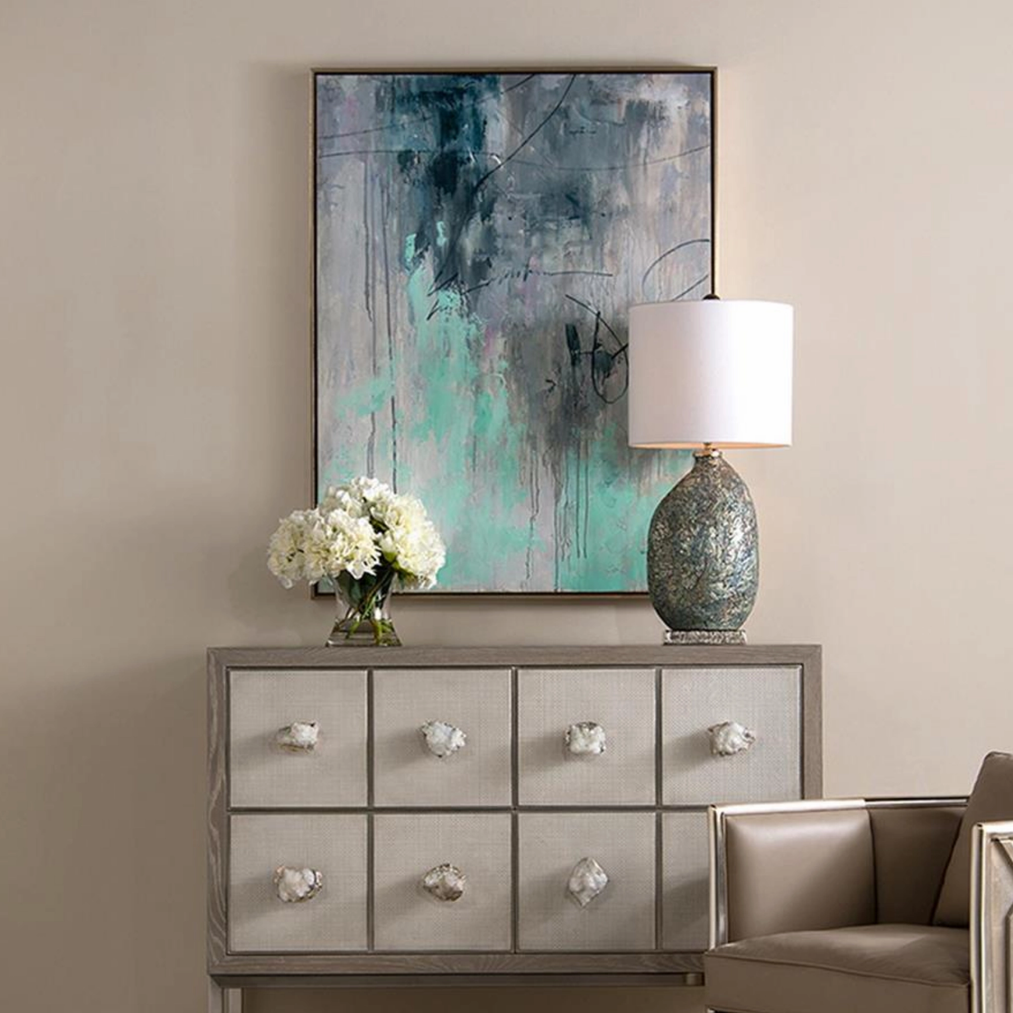 Faux White Hydrangeas in Concave Vase