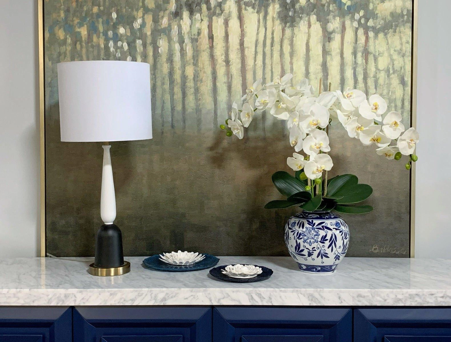 Faux White Orchids Floral in Ceramic Vase