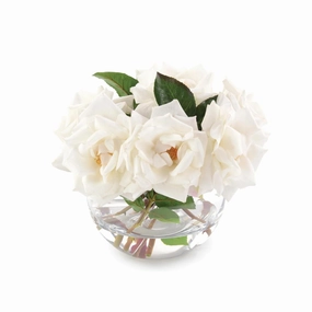 Faux White Rose in Glass Bowl home display ornament