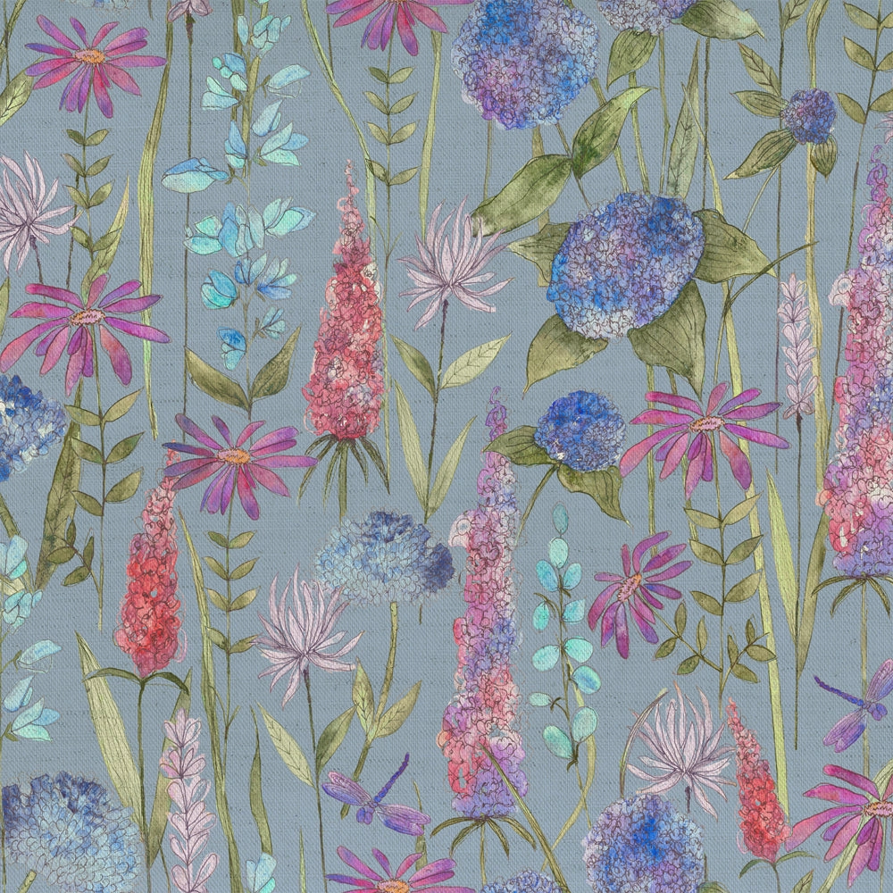 Florabunda Printed Cotton Fabric (By The Metre) Bluebell Blue elegant table cloth  
