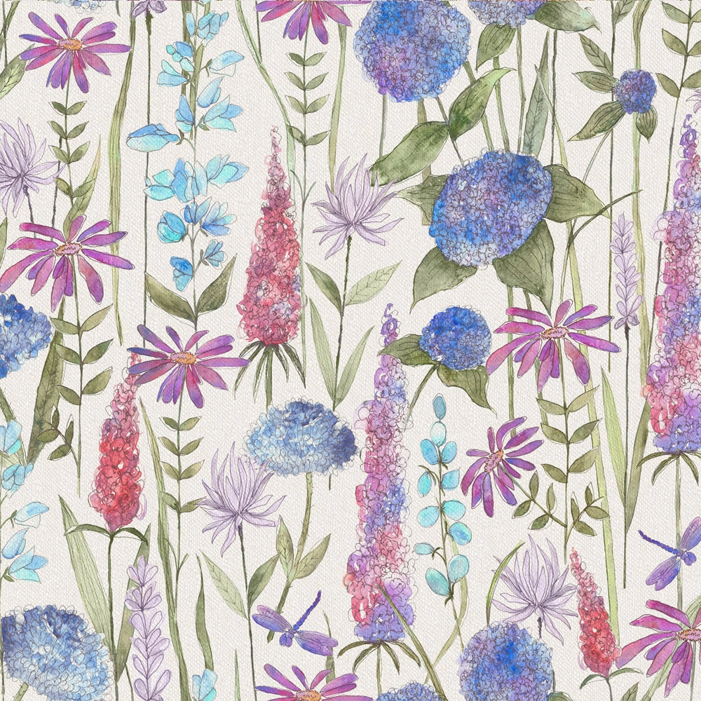 Florabunda Printed Cotton Fabric (By The Metre) Bluebell/Cream elegant table cloth  