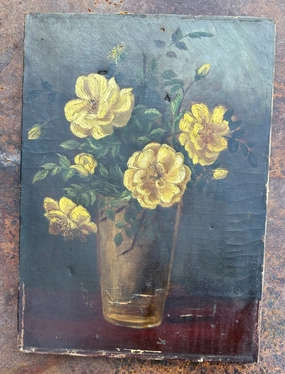 FLORAL YELLOW ROSES PAINTING NO FRAME 19TH CENTURY AS FOUND classic mural painting