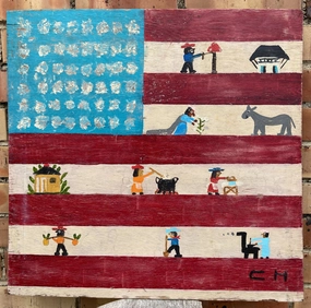 FOLK ART OIL PAINTING ON BOARD OF A FLAG AND FARM WORKERS BY CLEMENTINE HUNTER classic mural painting