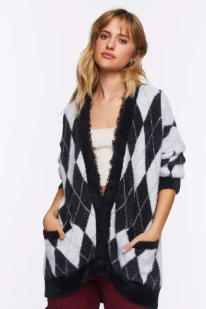 Forever 21 Strick Cardigan Damen Flauschiger Argyle-Pullover Schwarz/Mehrfarbig Forever 21