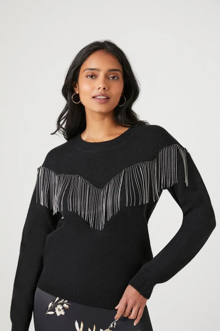 Forever 21 Strickpullover für Damen mit Strassbesatz und Fransen Schwarz Forever 21