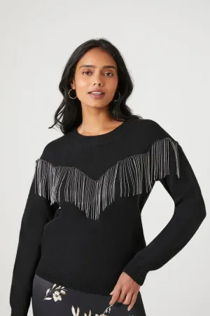 Forever 21 Strickpullover für Damen mit Strassbesatz und Fransen Schwarz Forever 21