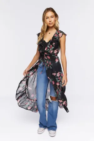 Forever 21 Damen Durchsichtige Blumen High-Low Rüschen Tunika Schwarz/Mehrfarbig Forever 21
