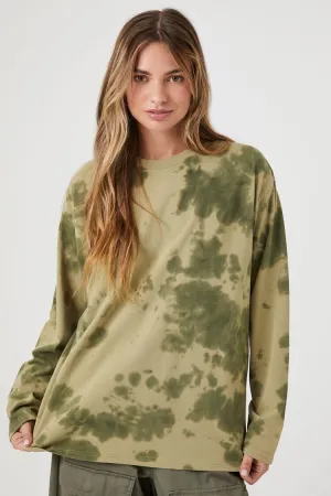 Forever 21 Damen Langarm-T-Shirt mit Tie-Dye-Muster Oliv/Mehrfarbig Forever 21