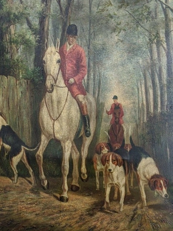 FRAME OIL PAINTING GICLEE OF HORSE RIDERS AND DOGS
