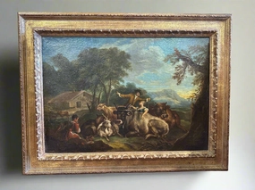 FRAMED 18TH CENTURY OIL PAINTING OF FARM AND ANIMALS classic mural painting