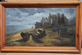 FRAMED 19TH CENTURY OIL PAINTING OF A MOON LIT SHORELINE WITH A CASTLE-SIGNED classic mural painting
