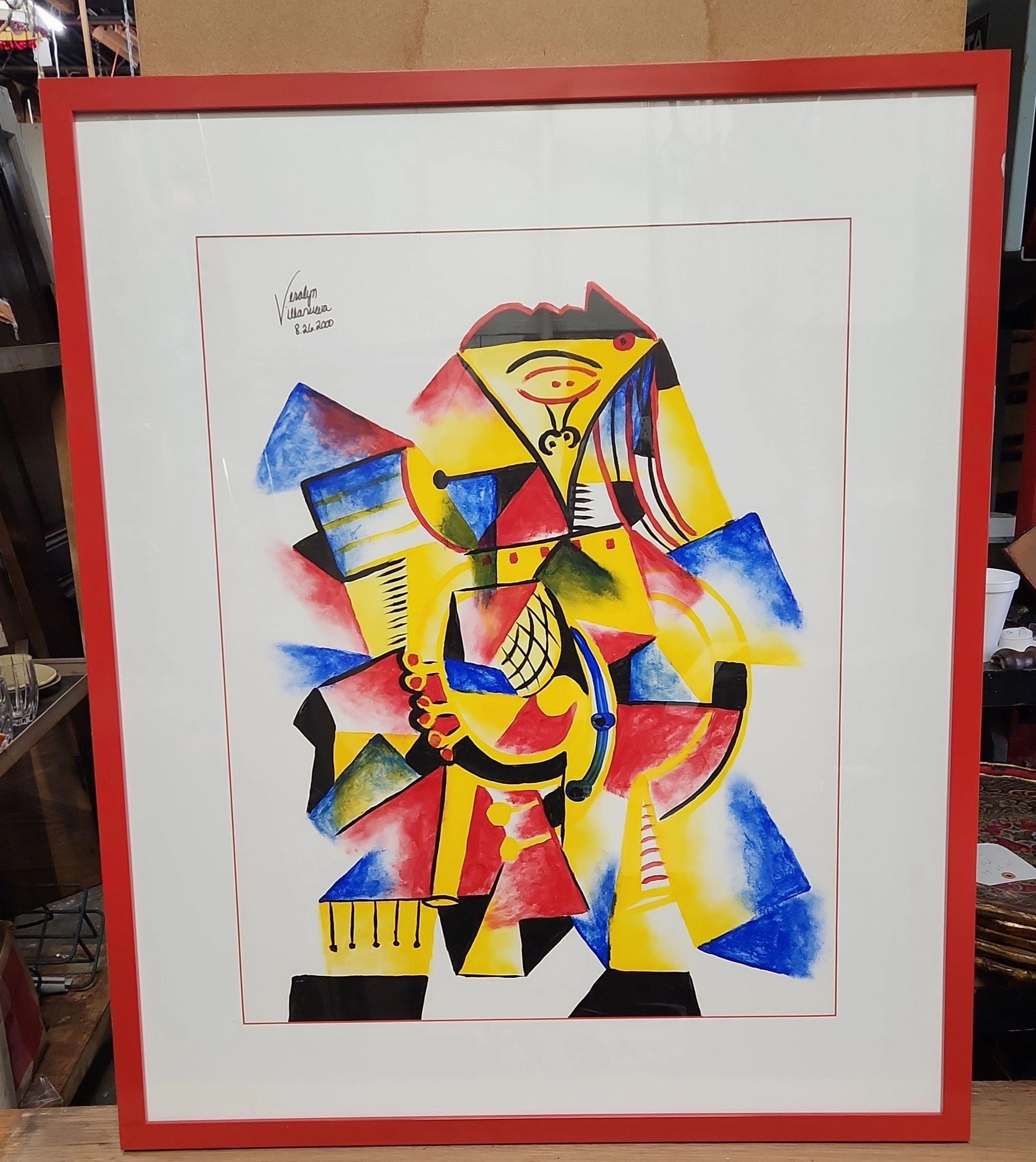 FRAMED ABSTRACT PAINTING WITH BLUE, YELLOW AND RED BY VERALYNN VILLANUEVA 2000 classic mural painting
