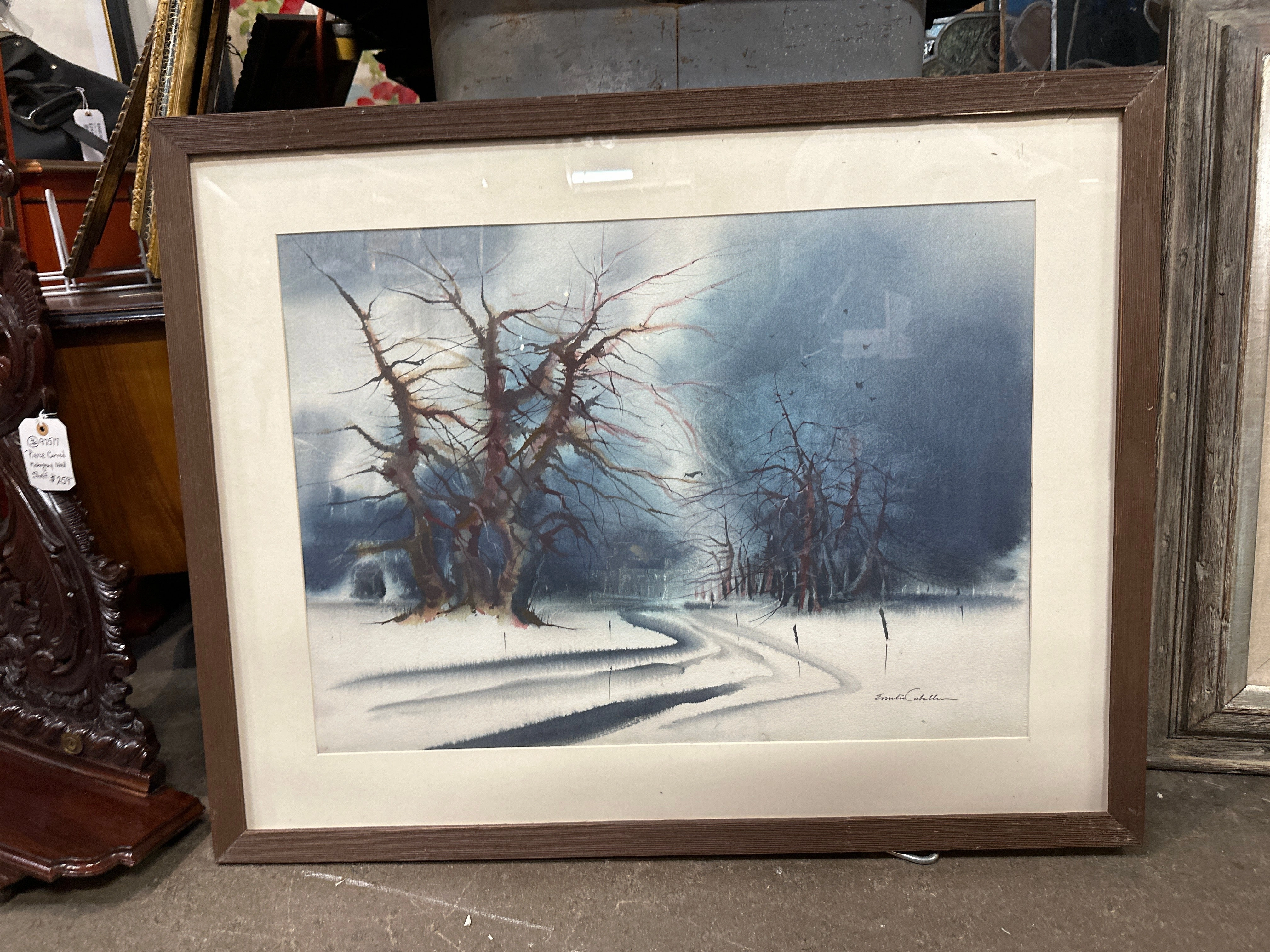 FRAMED AND MATTED WATERCOLOR OF A WINTER LANDSCAPE WITH TREES AND ROAD SIGNED EMILIA CABALLERO classic mural painting