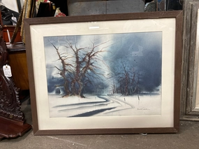 FRAMED AND MATTED WATERCOLOR OF A WINTER LANDSCAPE WITH TREES AND ROAD SIGNED EMILIA CABALLERO classic mural painting