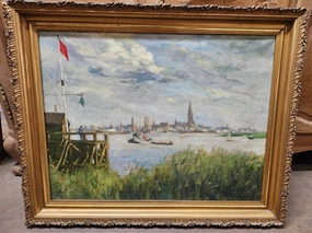 FRAMED  ANTIQUE HARBOR SCENE OIL PAINTING ON CANVAS classic mural painting