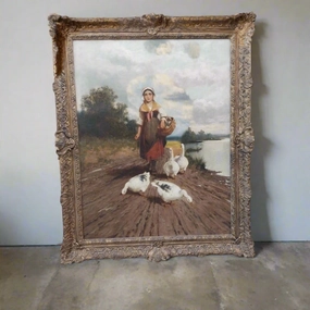 FRAMED ANTIQUE OIL PAINTING OF A GIRL WALKING WITH GEESE classic mural painting