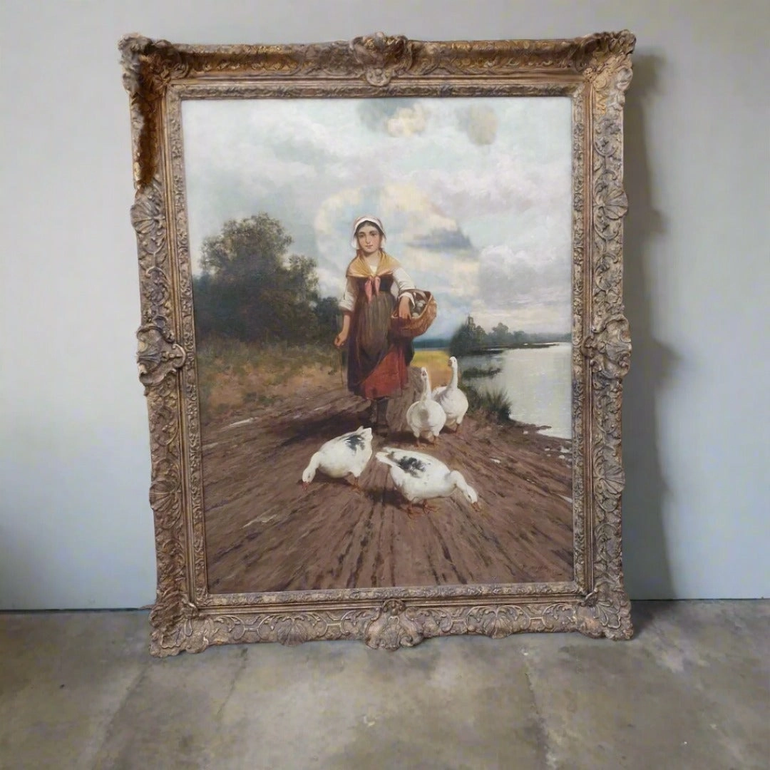 FRAMED ANTIQUE OIL PAINTING OF A GIRL WALKING WITH GEESE classic mural painting
