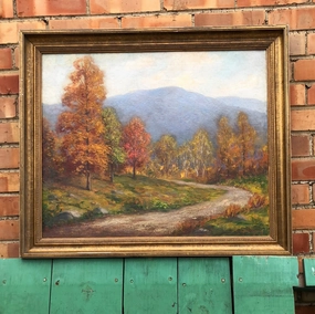FRAMED AUTUMN ROAD WITH MOUNTAINS OIL PAINTING  ON CANVAS classic mural painting
