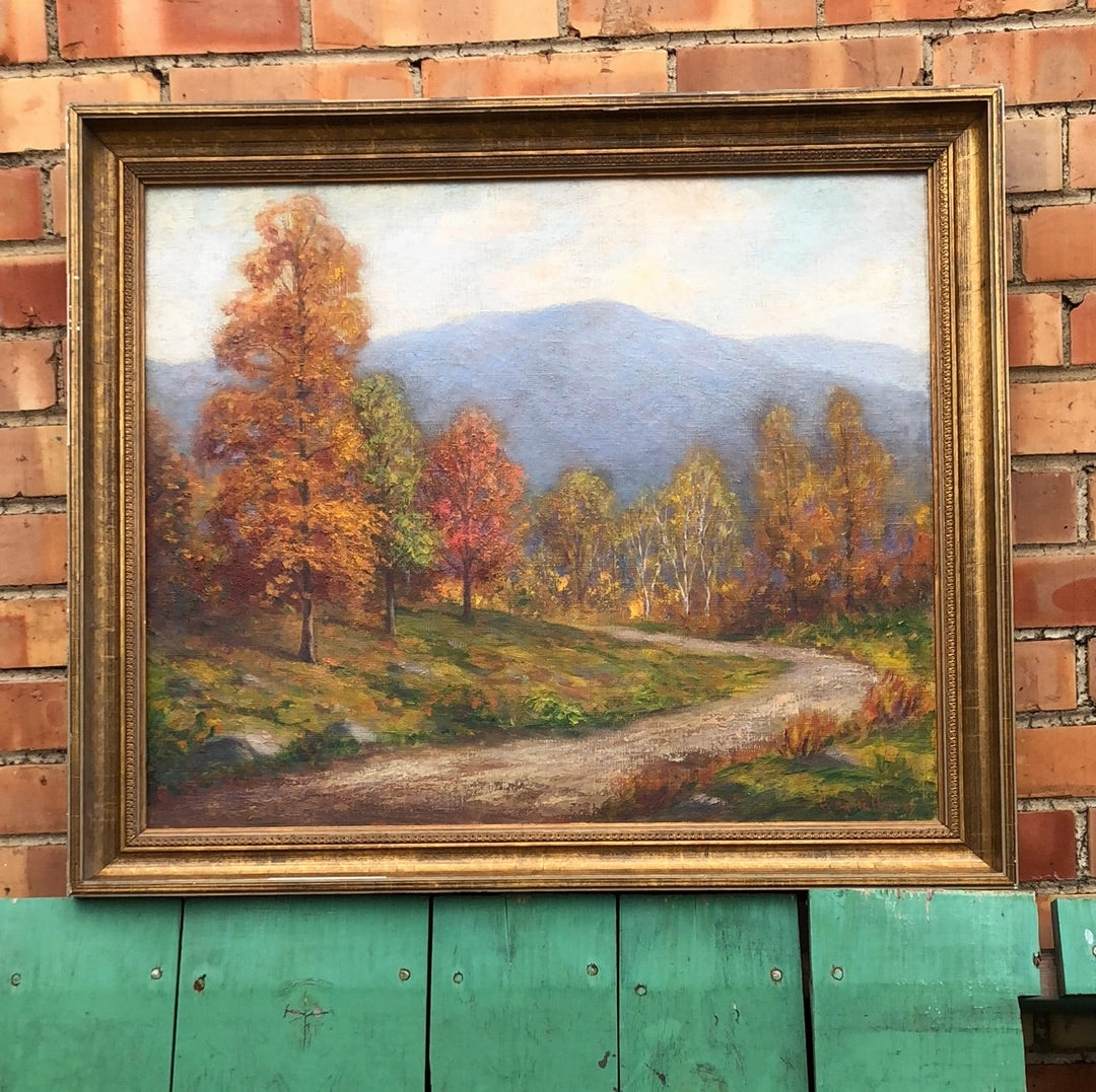 FRAMED AUTUMN ROAD WITH MOUNTAINS OIL PAINTING  ON CANVAS classic mural painting