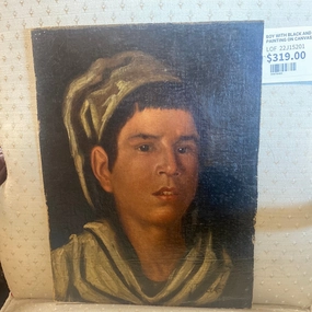 FRAMED BOY WITH BLACK AND WHITE HAT OIL PAINTING ON CANVAS LAID ON BOARD classic mural painting
