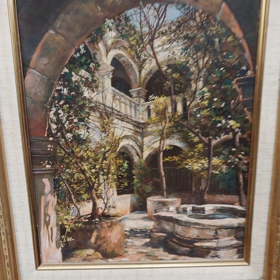 FRAMED COURTYARD OIL PAINTING-SIGNED
