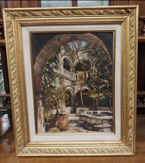 FRAMED COURTYARD OIL PAINTING-SIGNED classic mural painting