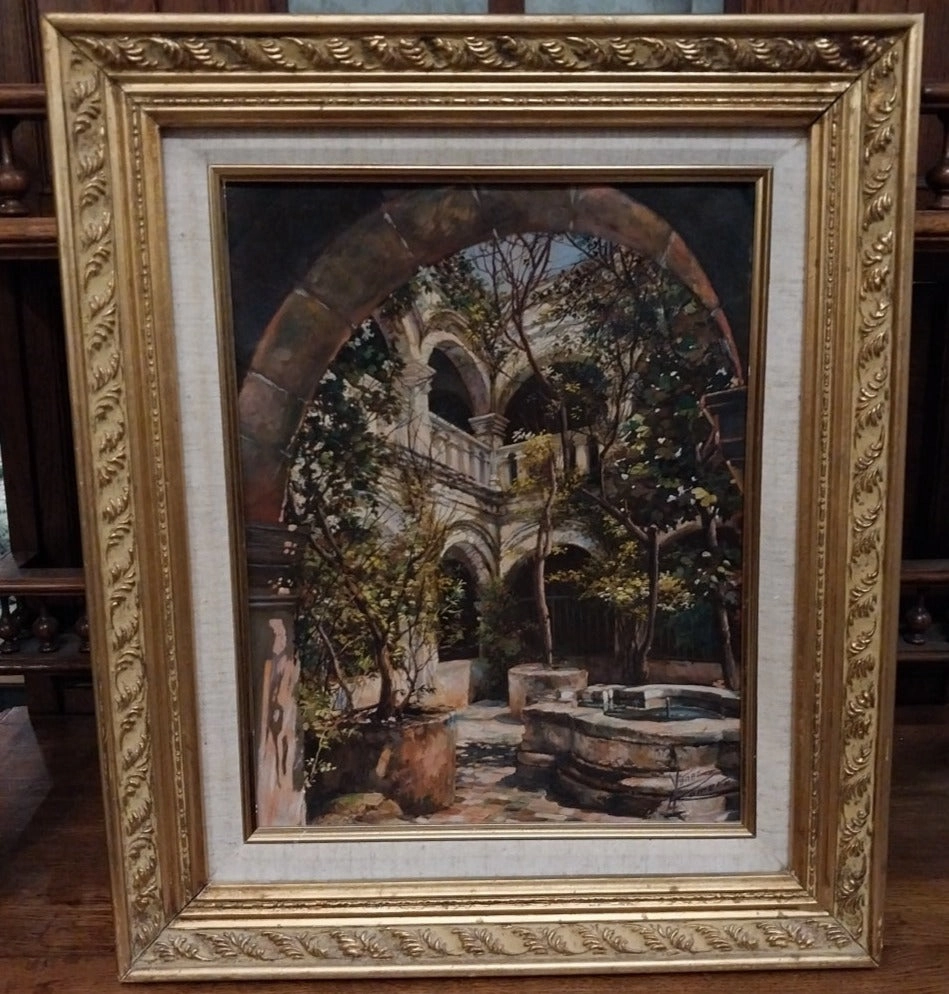 FRAMED COURTYARD OIL PAINTING-SIGNED