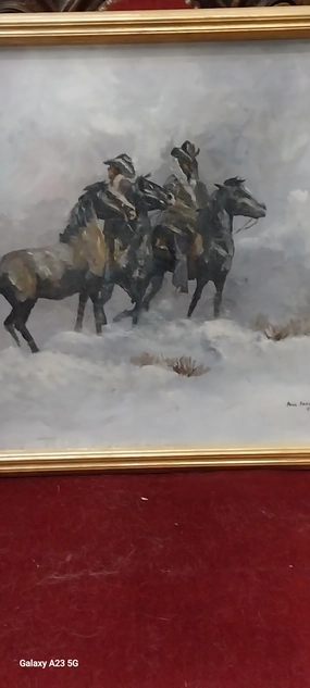 FRAMED COWBOYS IN WINTER OIL PAINTING SIGNED PAUL SANCHEZ classic mural painting