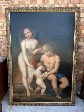 FRAMED EARLY OIL PAINTING WITH ANGELS ON BOARD AS FOUND classic mural painting