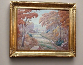 FRAMED FALL SYLVAN OIL PAINTING SIGNED FREDRICK JARVIS TEXAS ARTIST classic mural painting