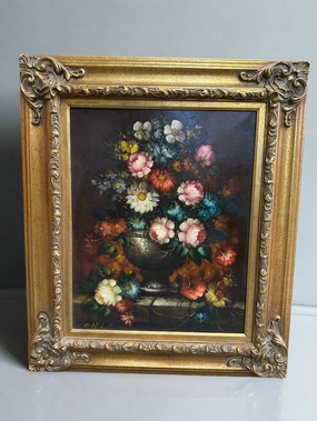 FRAMED FLORAL STILL LIFE OIL PAINTING SIGNED R MICHEL classic mural painting