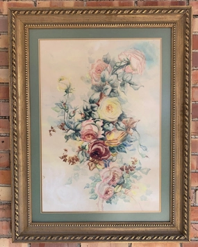 FRAMED FLORAL WATERCOLOR PRINT classic mural painting