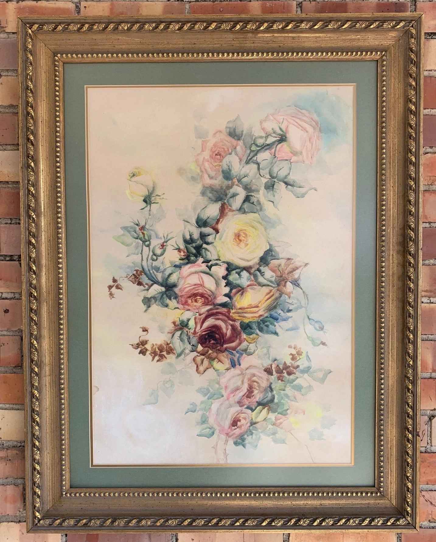 FRAMED FLORAL WATERCOLOR PRINT classic mural painting