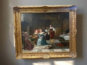 FRAMED FRENCH OIL PAINTING OF A COURTIER SCENCE BYLOUIS HIPPOYLE MOUCHOT classic mural painting