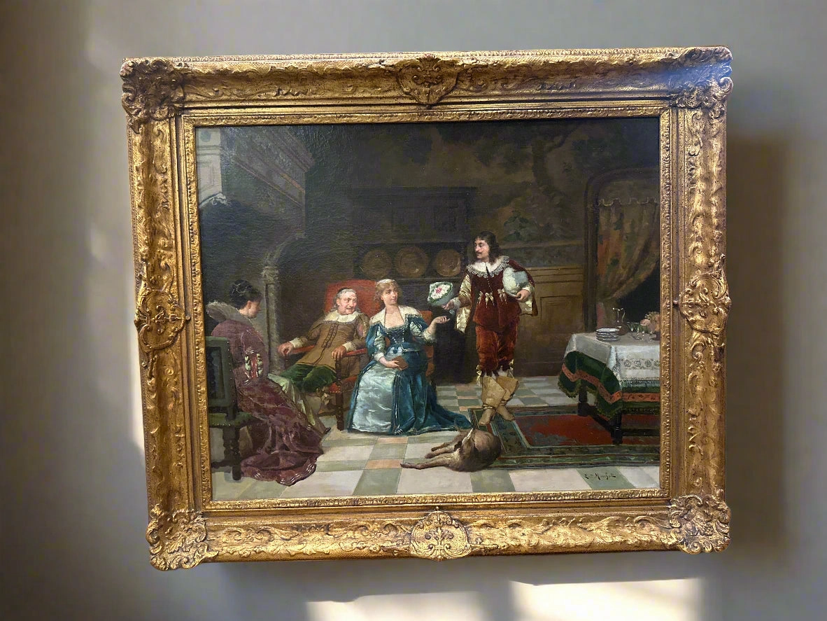 FRAMED FRENCH OIL PAINTING OF A COURTIER SCENCE BYLOUIS HIPPOYLE MOUCHOT classic mural painting